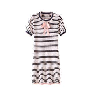 Short-sleeve Contrast Trim Ribbon Striped Mini Knit Dress