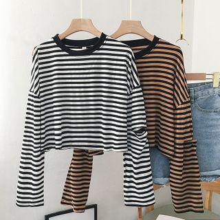 Long-sleeve Striped Ripped Cropped T-shirt