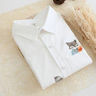 Embroidered Fox Cuffed Sleeve Blouse