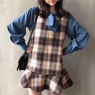 Tie Neck Blouse / Plaid Ruffle Hem Pinafore Dress