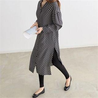 Collarless Polka-dot Shirtdress With Sash