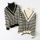 Mock-neck Mock Two-piece Striped Sweater