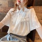 Elbow-sleeve Frill Trim Buttoned Blouse