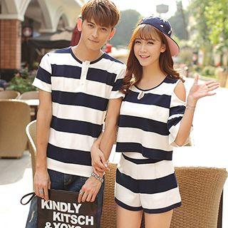 Couple Matching Stripe Henley Top / Set: Cutout Shoulder Top + Shorts
