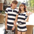 Couple Matching Stripe Henley Top / Set: Cutout Shoulder Top + Shorts