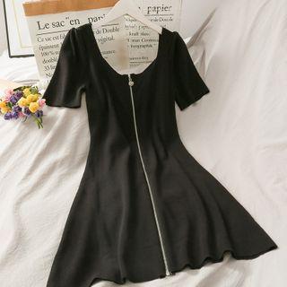 U-neck Zipper Midi Dress Black - One Size