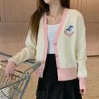 Unicorn Embroidered Buttoned Cardigan Pink & Off-white - One Size