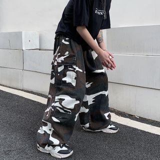 Camo Print Wide-leg Cargo Pants