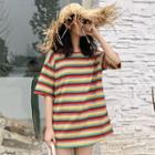 Open Back Striped Elbow-sleeve T-shirt