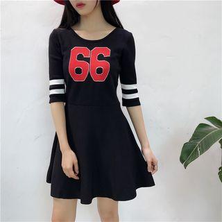 Number Print Elbow Sleeve A-line Knit Dress