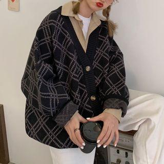 V-neck Argyle Print Cardigan Black - One Size