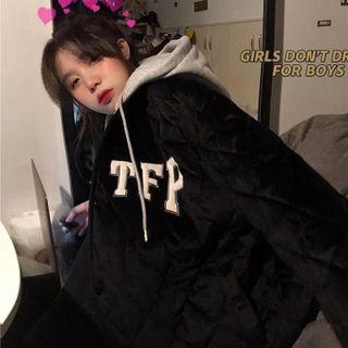 Letter Embroidered Hooded Jacket Black - One Size