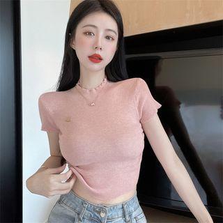 Short-sleeve Plain Crop Knit Top