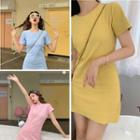 Plain Mock-neck Short-sleeve Slim-fit Dress