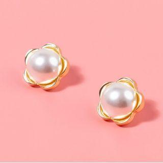 Faux Pearl Floral Stud Earring 1 Pair - 925silver Earring - One Size