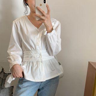 V-neck Plain Button-up Pleated Blouse