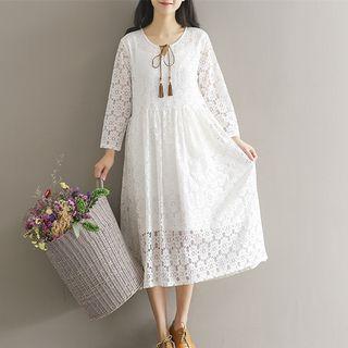 Long-sleeve Lace Midi A-line Dress