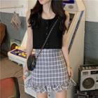 Button Tank Top / Mini Plaid Sheath Skirt