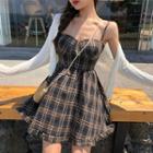 Light Cardigan / Spaghetti Strap Plaid A-line Mini Dress