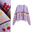 Cherry Jacquard Open Front Knit Cardigan