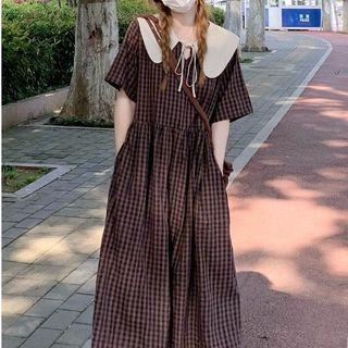 Short-sleeve Sailor Collar Plaid Dress Coffee - One Size