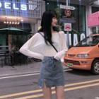 Long-sleeve Plain T-shirt / Frayed Denim Mini Skirt / Set