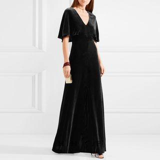 Cape-sleeve Maxi A-line Velvet Dress