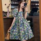 Puff-sleeve Square Neck Floral Mini A-line Dress Floral - Green & Purple & White - One Size