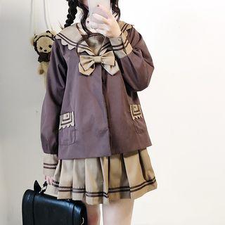 Long-sleeve Collared Top / Contrast Trim Mini Skirt