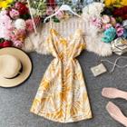 Leaf Print V-neck Sleeveless Mini Dress