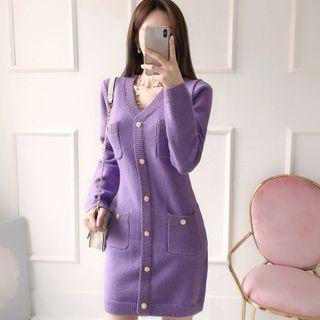 Button Up Mini Sheath Sweater Dress