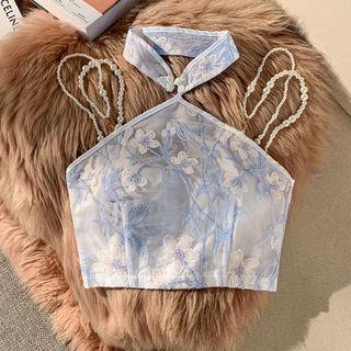 Halter-neck Floral Embroidered Top