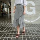 Frill-hem Buttoned Gingham Long Skirt