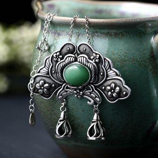 Faux Gemstone Pendant Alloy Necklace Cp623 - Silver & Green - One Size