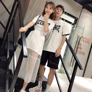 Couple Matching Lettering Cut Out Shoulder Short Sleeve Dress / Lettering Short Sleeve T-shirt
