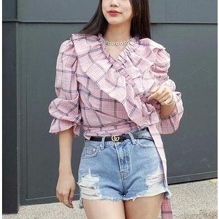 Elbow-sleeve Frill-trim Plaid Top
