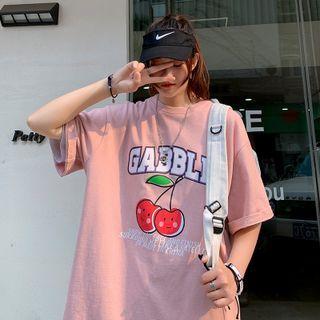 Couple Matching Elbow-sleeve Cherry Print T-shirt