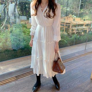 Balloon-sleeve Shirred Midi Chiffon Dress
