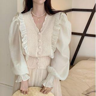 Long-sleeve Knit Panel Frill Trim Blouse / Midi A-line Mesh Skirt