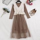 Set: Sleeveless Knit Top + Mesh Overlay Midi Dress