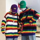 Round Neck Rainbow Stripe Lettering Sweater