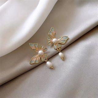 Butterfly Enamel Faux Pearl Dangle Earring 1 Pair - Gold - One Size