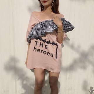 Plaid Applique Lettering Elbow Sleeve T-shirt Dress