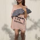 Plaid Applique Lettering Elbow Sleeve T-shirt Dress