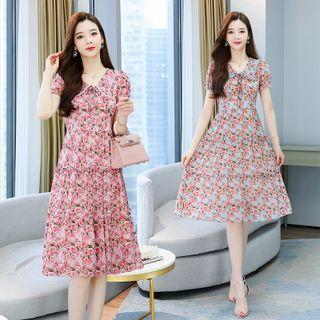 Short-sleeve Collar Floral A-line Dress