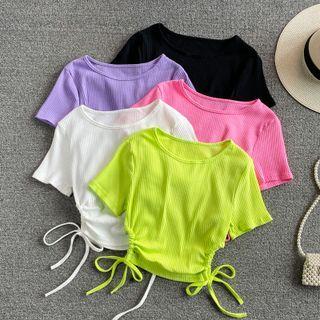 Short Sleeve Plain Drawstring Crop T-shirt