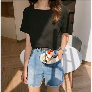 Short-sleeve Square-neck Plain Top