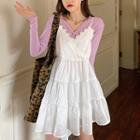 Long-sleeve V-neck T-shirt / Lace Trim Mini Overall Dress