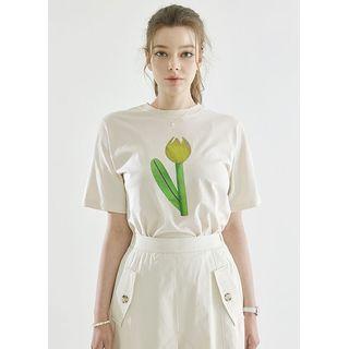 Flower-illustrated Cotton T-shirt