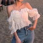 Eyelet Lace Cold-shoulder Blouse White - One Size
